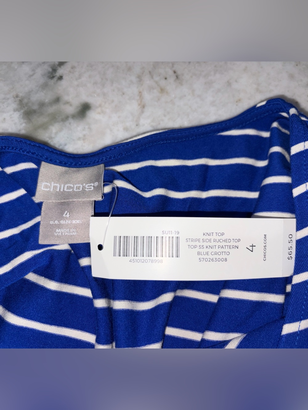 NEW Chico's Knit Short Sleeve Blue & White Striped Side Ruched Top Size 4 - Picture 4 of 5